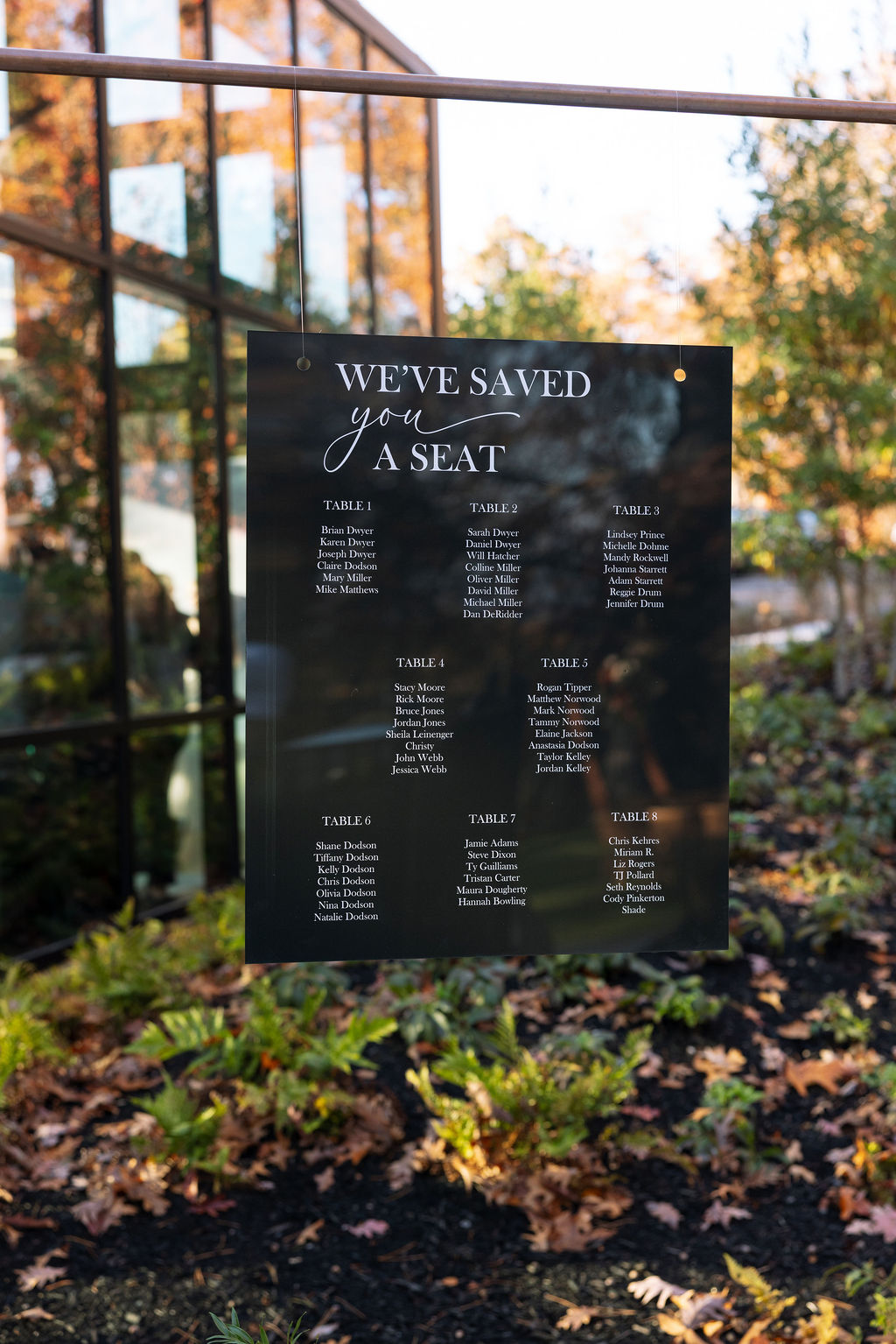 Wedding seating chart displayed outdoors at a Smoky Mountain wedding venue, surrounded by landscaped gardens and fall color.