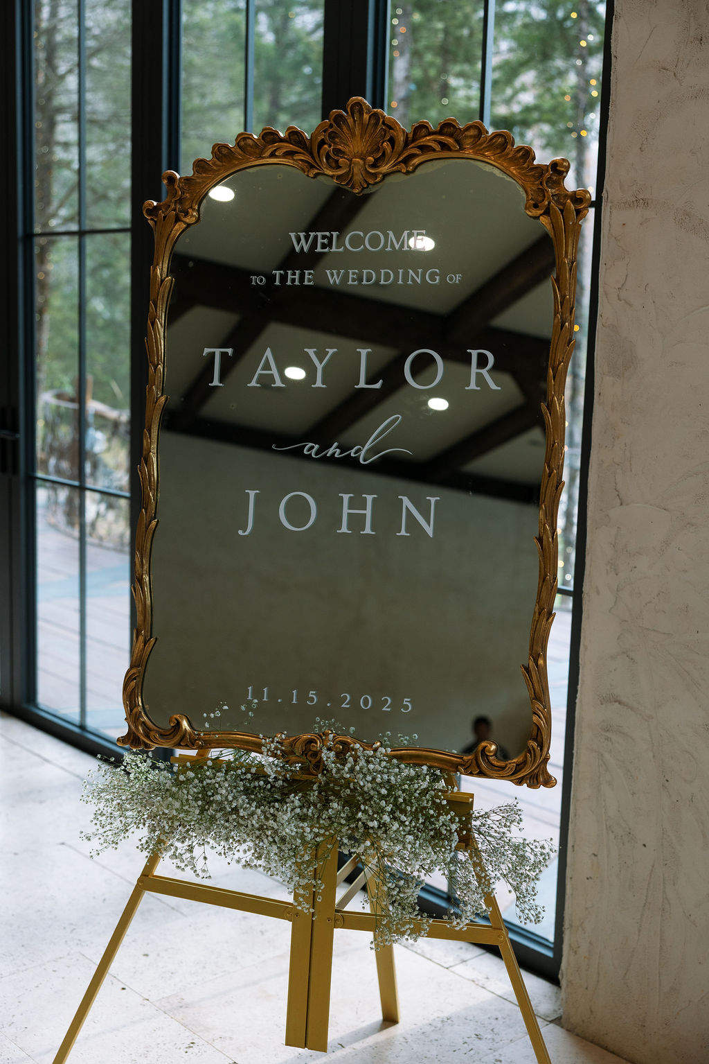 Wedding welcome mirror sign for Taylor and John displayed at Tennessee wedding venue entrance