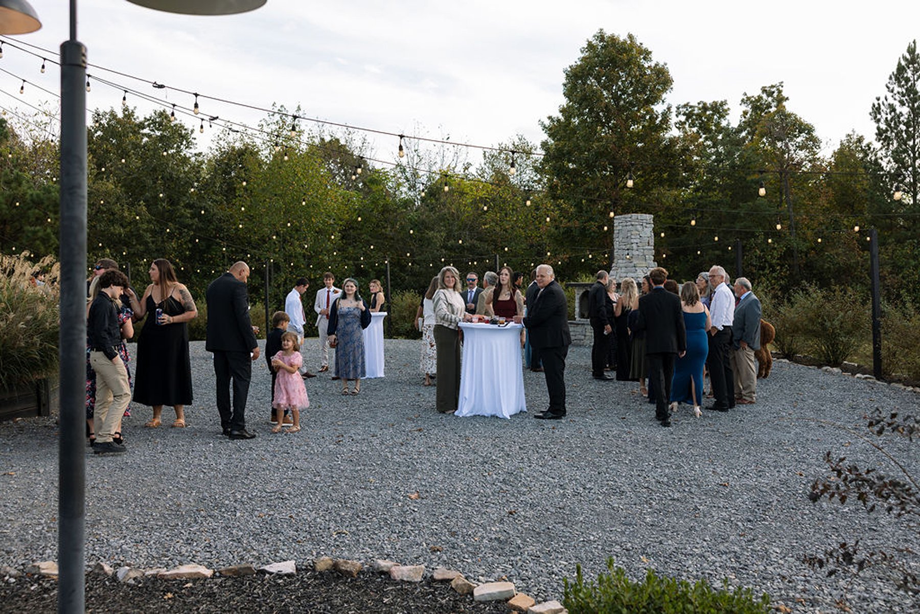 Guests mingling during outdoor cocktail hour under string lights and trees