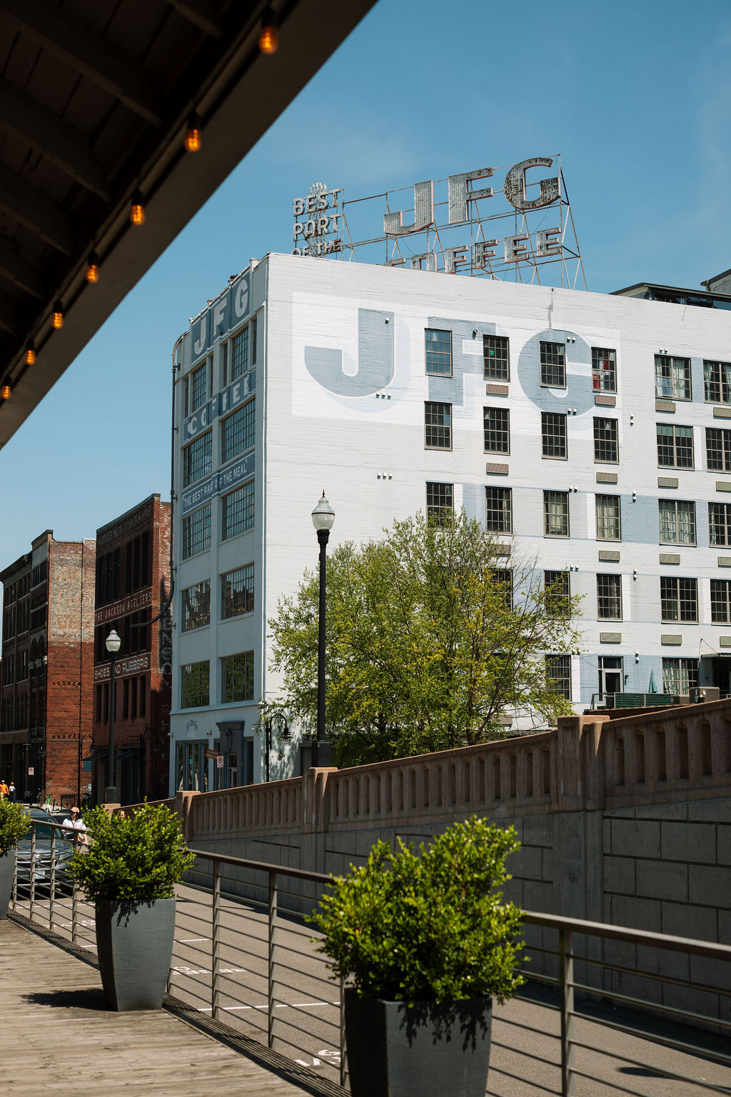 Downtown Knoxville city view with JFG building and walkway near Jackson Terminal Knoxville