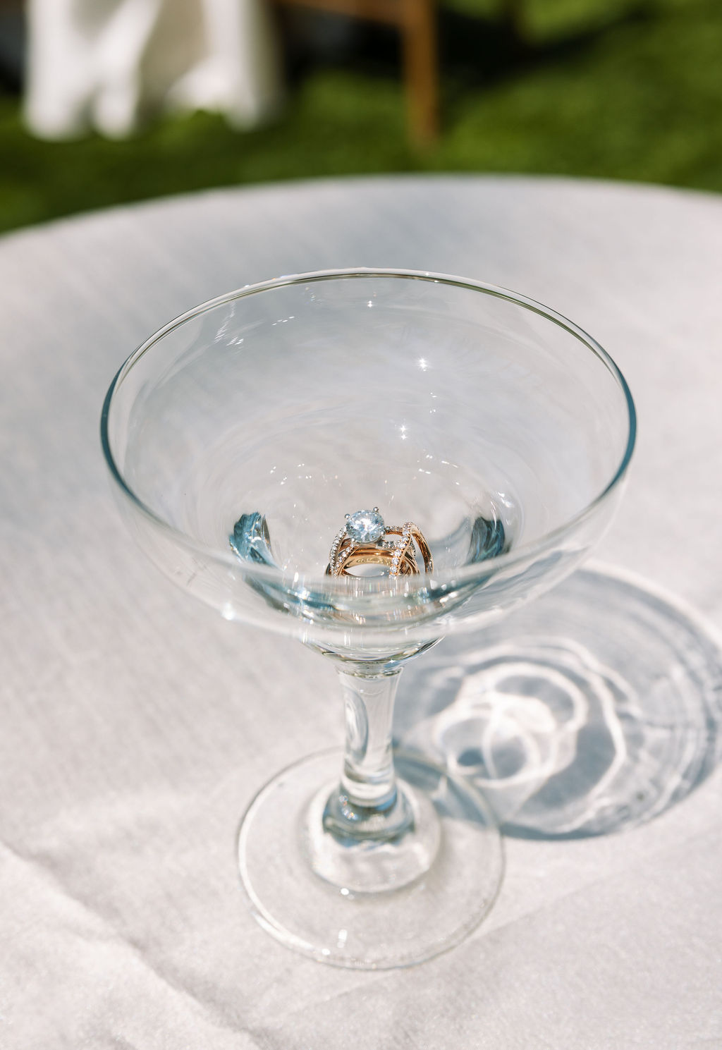 Wedding rings placed inside a coupe glass with soft light and shadow detail