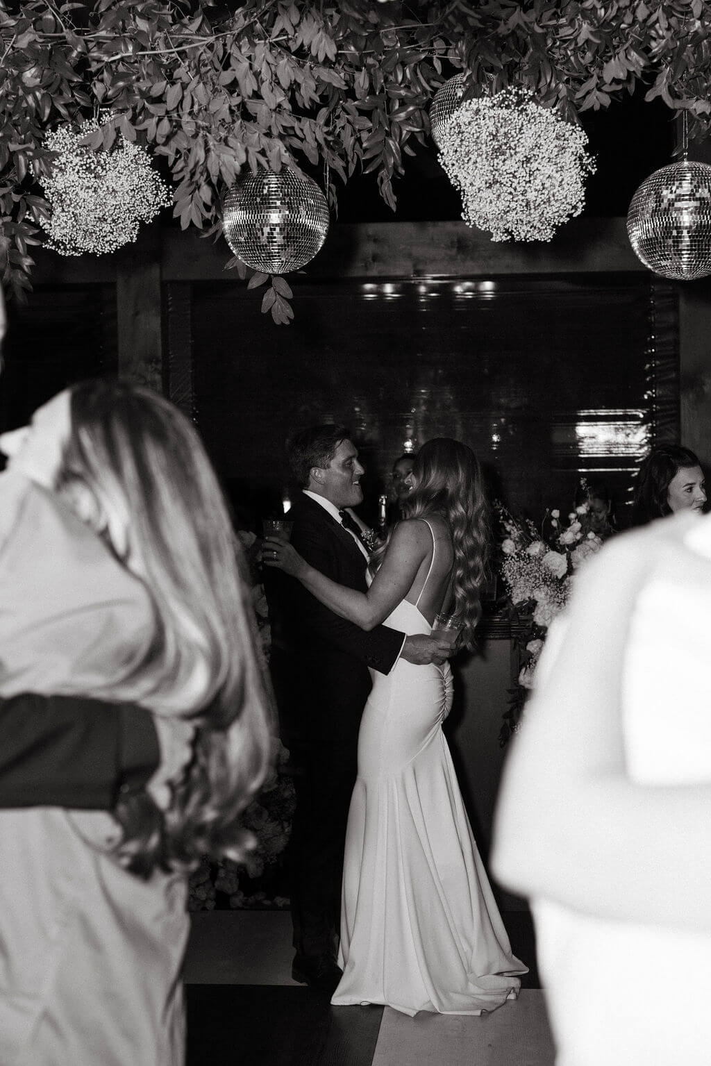 Black and white wedding reception dance floor moment at a Knoxville wedding venue