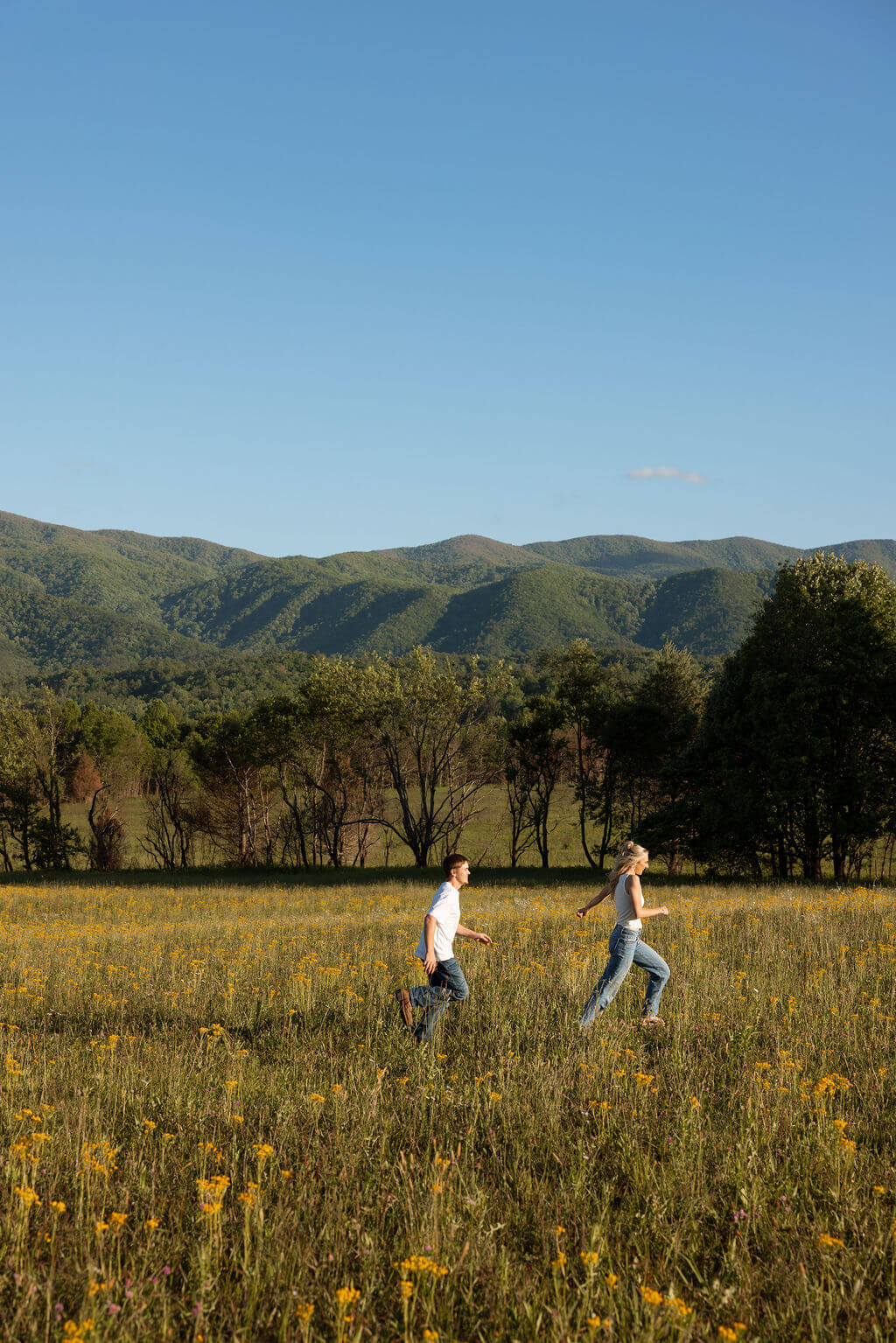 Wide landscape engagement photo in a wildflower field near Knoxville, Tennessee with mountain views in the background.