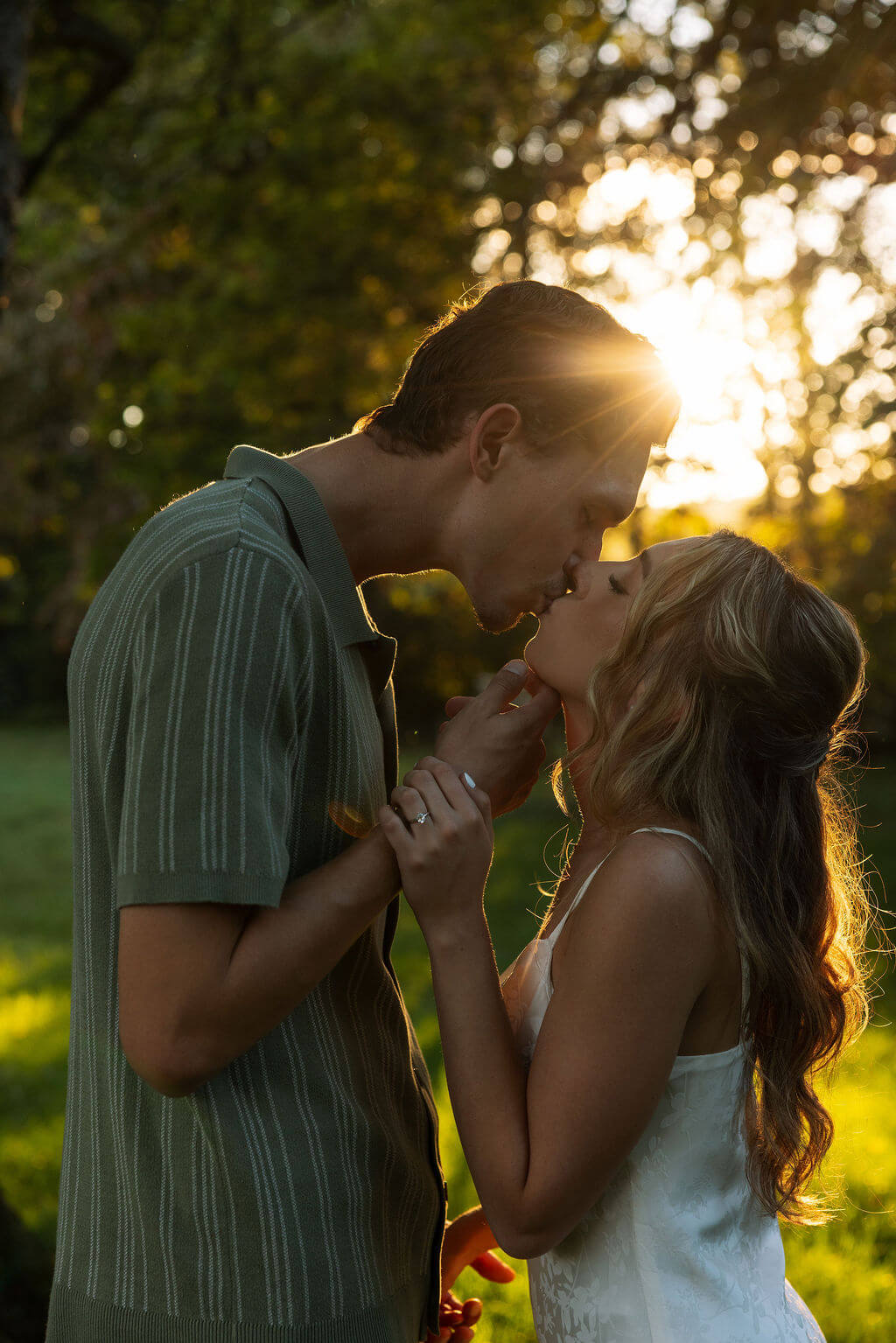 Golden hour engagement photos at Maple Grove Estate with romantic sunset backlighting