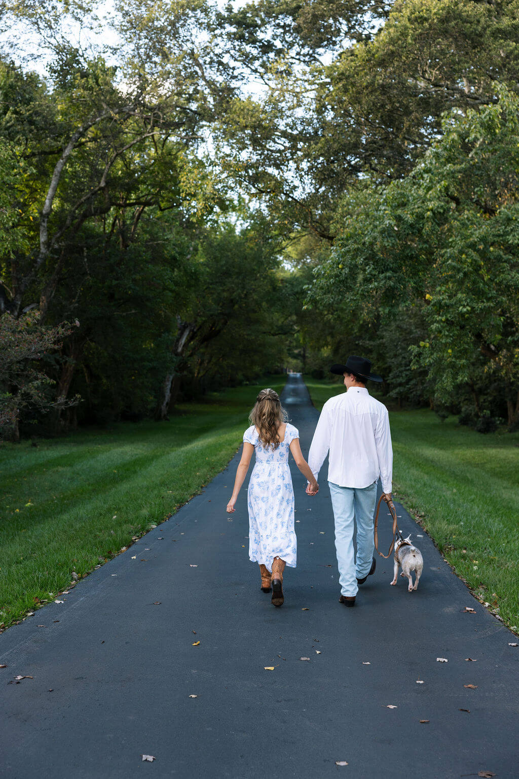 Couple walking their dog down a tree lined road during a Maple Grove Estate engagement session in Knoxville Tennessee