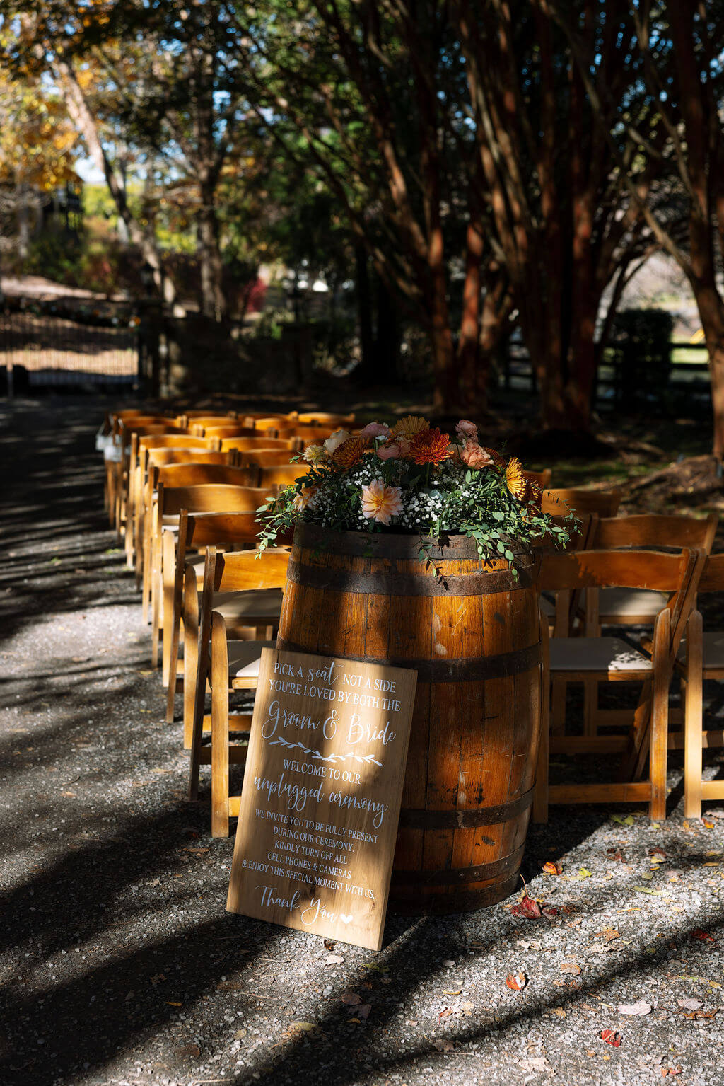 Outdoor wedding ceremony seating arranged beneath a large tree beside a decorated wooden barrel.
