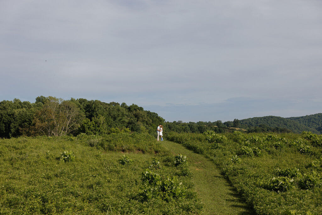 Wide landscape view of a couple standing together in a sprawling green meadow.