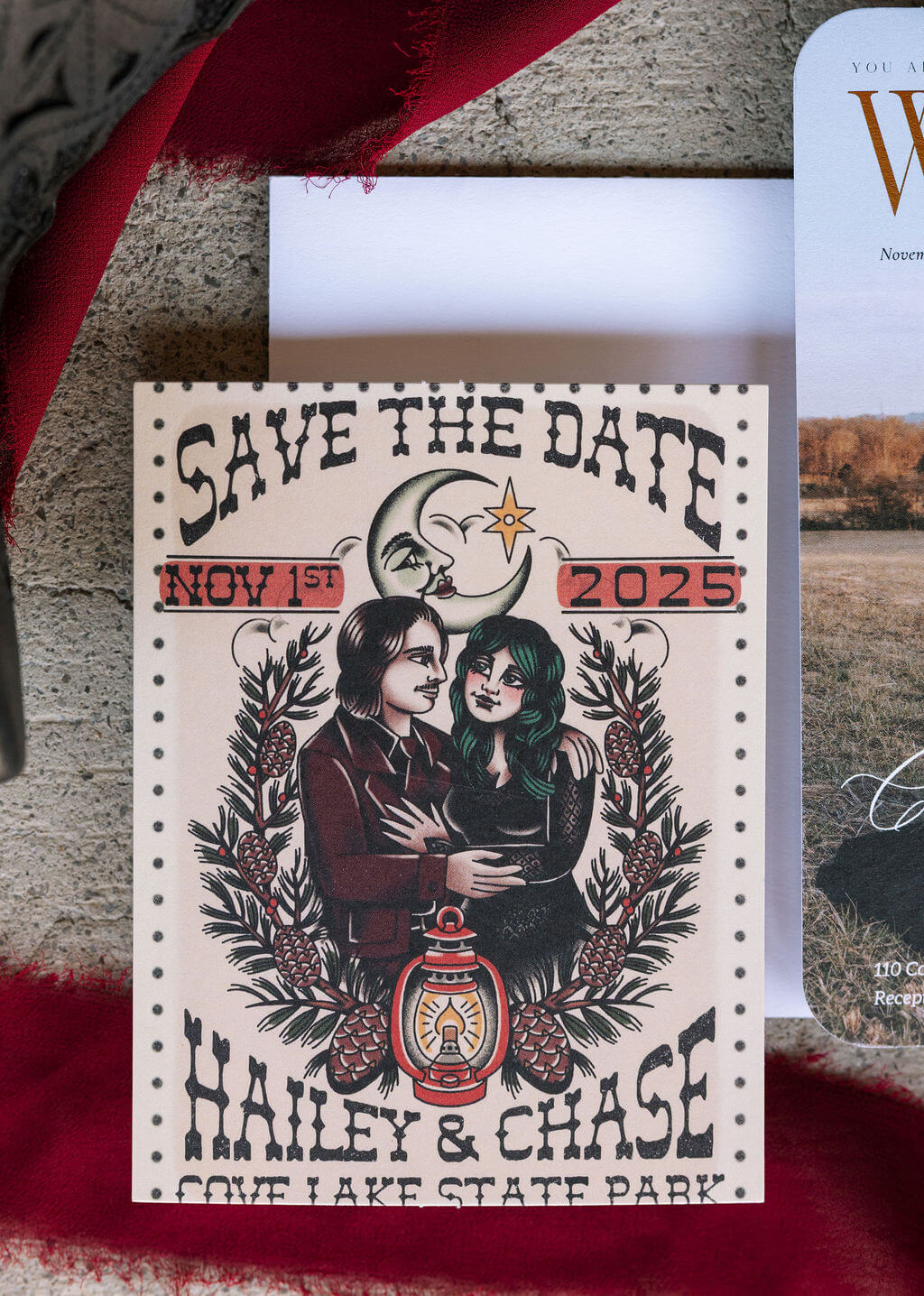 Custom tattoo-inspired save-the-date featuring illustrated artwork created for the wedding.
