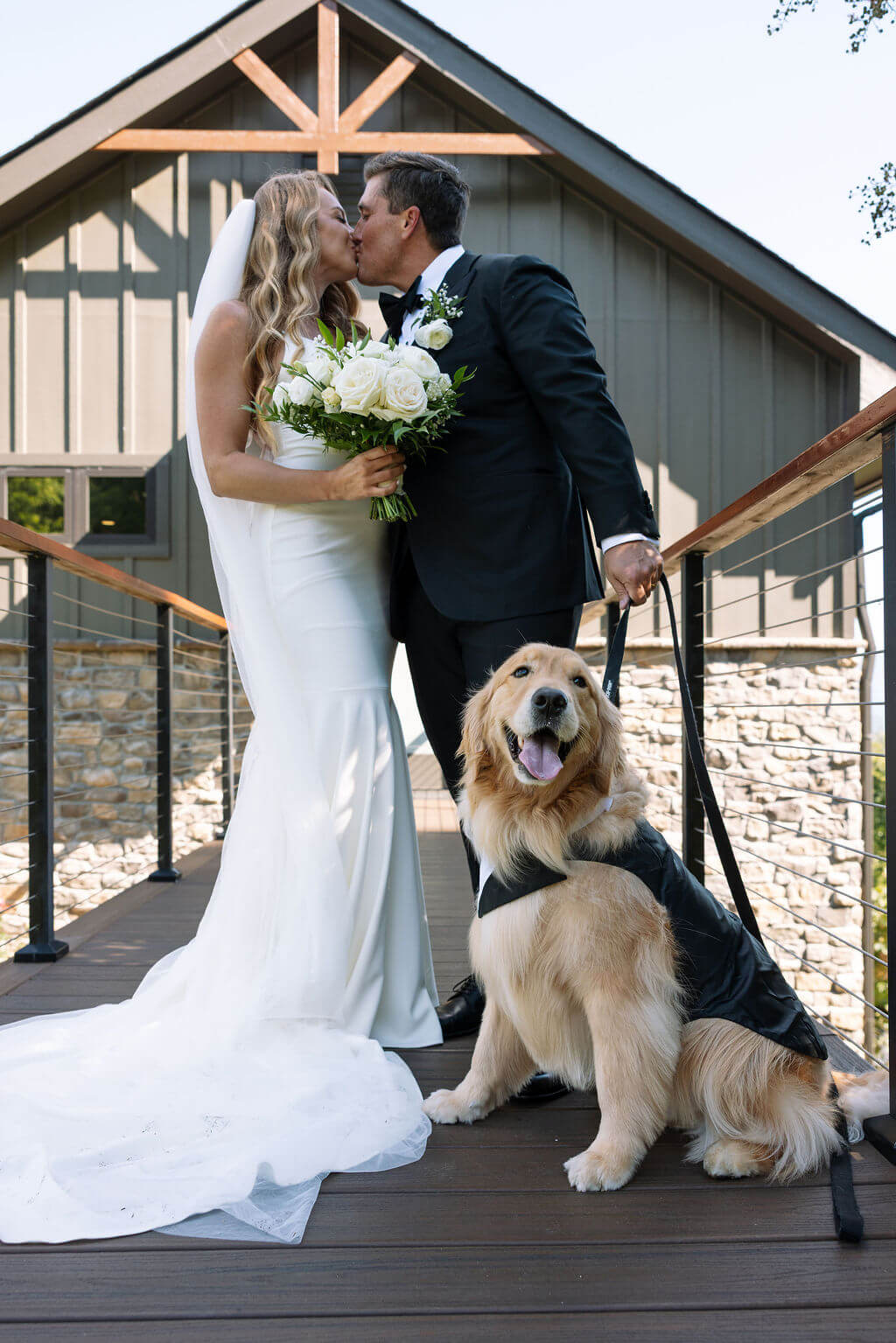 Bride and groom kiss outside their East Tennessee wedding venue with their golden retriever sitting beside them.
